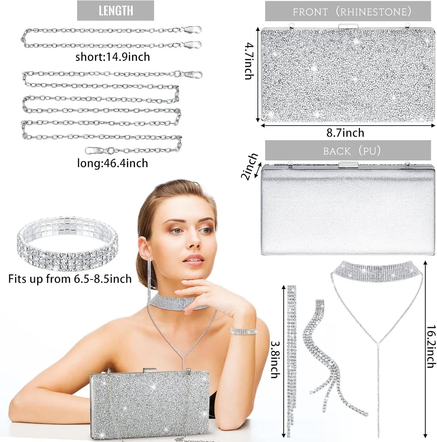 Kigeli 4 Pcs Women Rhinestone Evening Clutch Bag Crystal Jewelry Set Rhinestone Tassel Necklace Stretch Bangle Bracelet Crystal Fringe Earrings Bling Glitter Handbag for Wedding