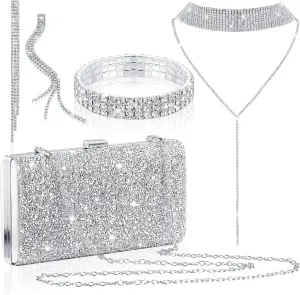 Kigeli 4 Pcs Women Rhinestone Evening Clutch Bag Crystal Jewelry Set Rhinestone Tassel Necklace Stretch Bangle Bracelet Crystal Fringe Earrings Bling Glitter Handbag for Wedding