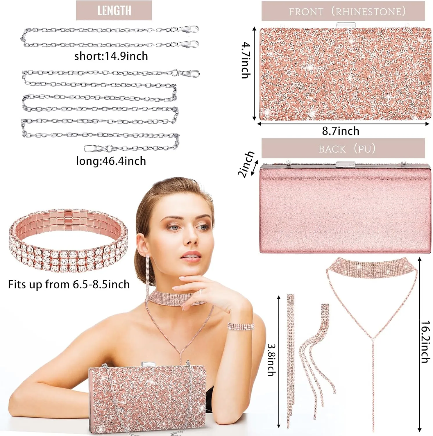 Kigeli 4 Pcs Women Rhinestone Evening Clutch Bag Crystal Jewelry Set Rhinestone Tassel Necklace Stretch Bangle Bracelet Crystal Fringe Earrings Bling Glitter Handbag for Wedding