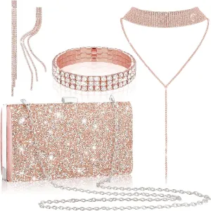 Kigeli 4 Pcs Women Rhinestone Evening Clutch Bag Crystal Jewelry Set Rhinestone Tassel Necklace Stretch Bangle Bracelet Crystal Fringe Earrings Bling Glitter Handbag for Wedding