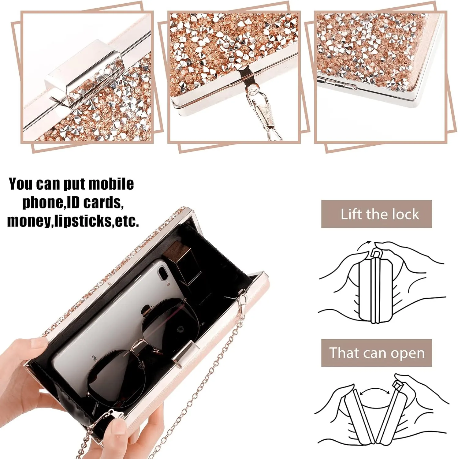 Kigeli 4 Pieces Women Rhinestone Evening Clutch Bag Rhinestone Ear Clip Bridal Wedding Choker Bracelet Dangle Bling Glitter Purse
