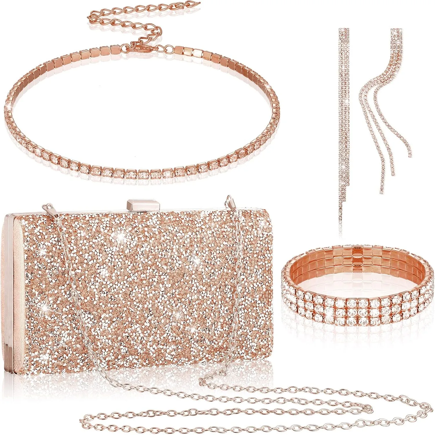 Kigeli 4 Pieces Women Rhinestone Evening Clutch Bag Rhinestone Ear Clip Bridal Wedding Choker Bracelet Dangle Bling Glitter Purse