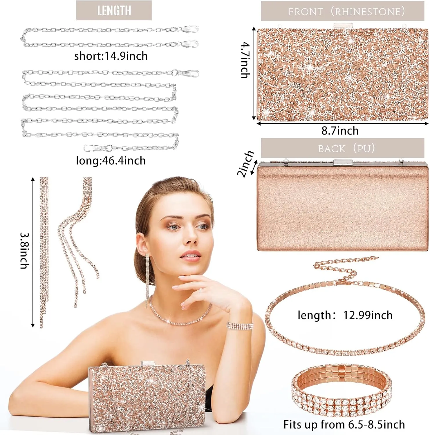 Kigeli 4 Pieces Women Rhinestone Evening Clutch Bag Rhinestone Ear Clip Bridal Wedding Choker Bracelet Dangle Bling Glitter Purse
