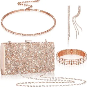 Kigeli 4 Pieces Women Rhinestone Evening Clutch Bag Rhinestone Ear Clip Bridal Wedding Choker Bracelet Dangle Bling Glitter Purse
