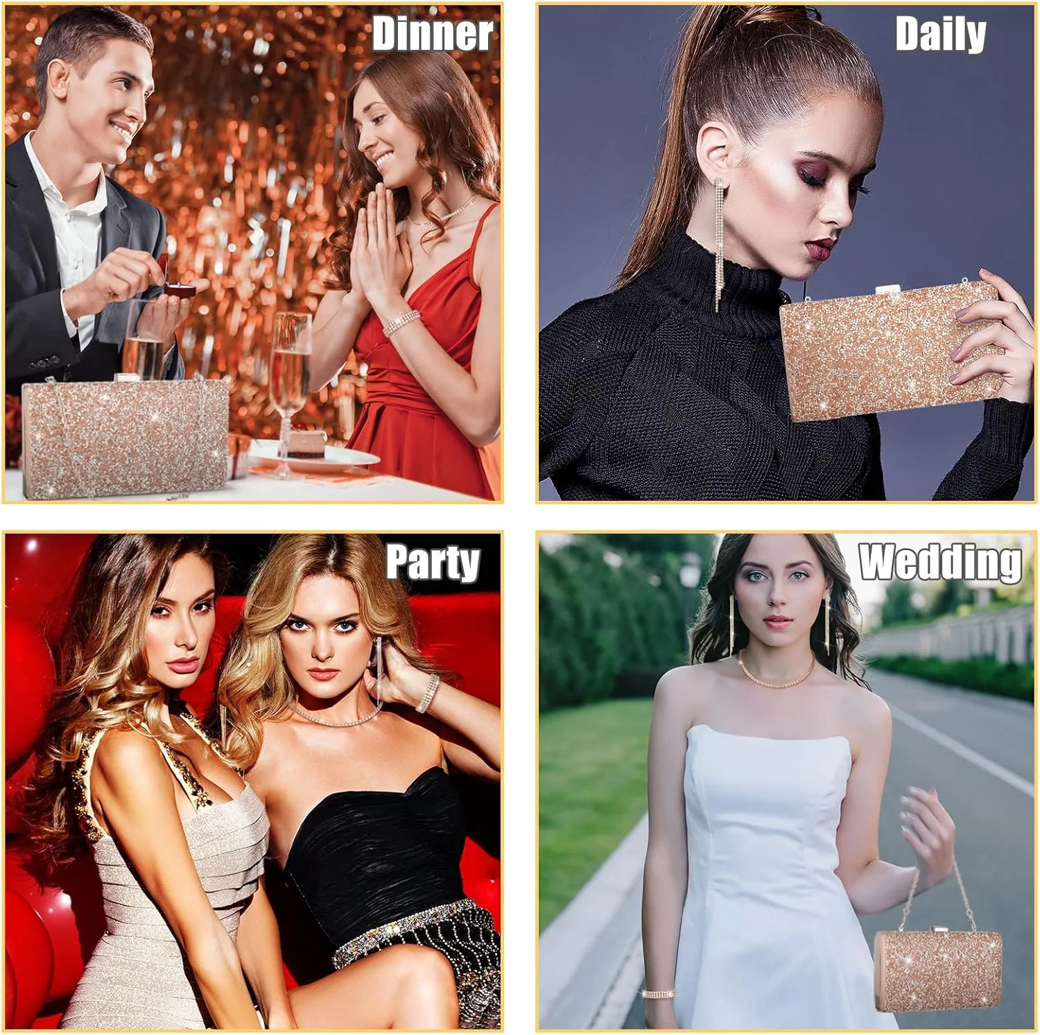 Kigeli 4 Pieces Women Rhinestone Evening Clutch Bag Rhinestone Ear Clip Bridal Wedding Choker Bracelet Dangle Bling Glitter Purse