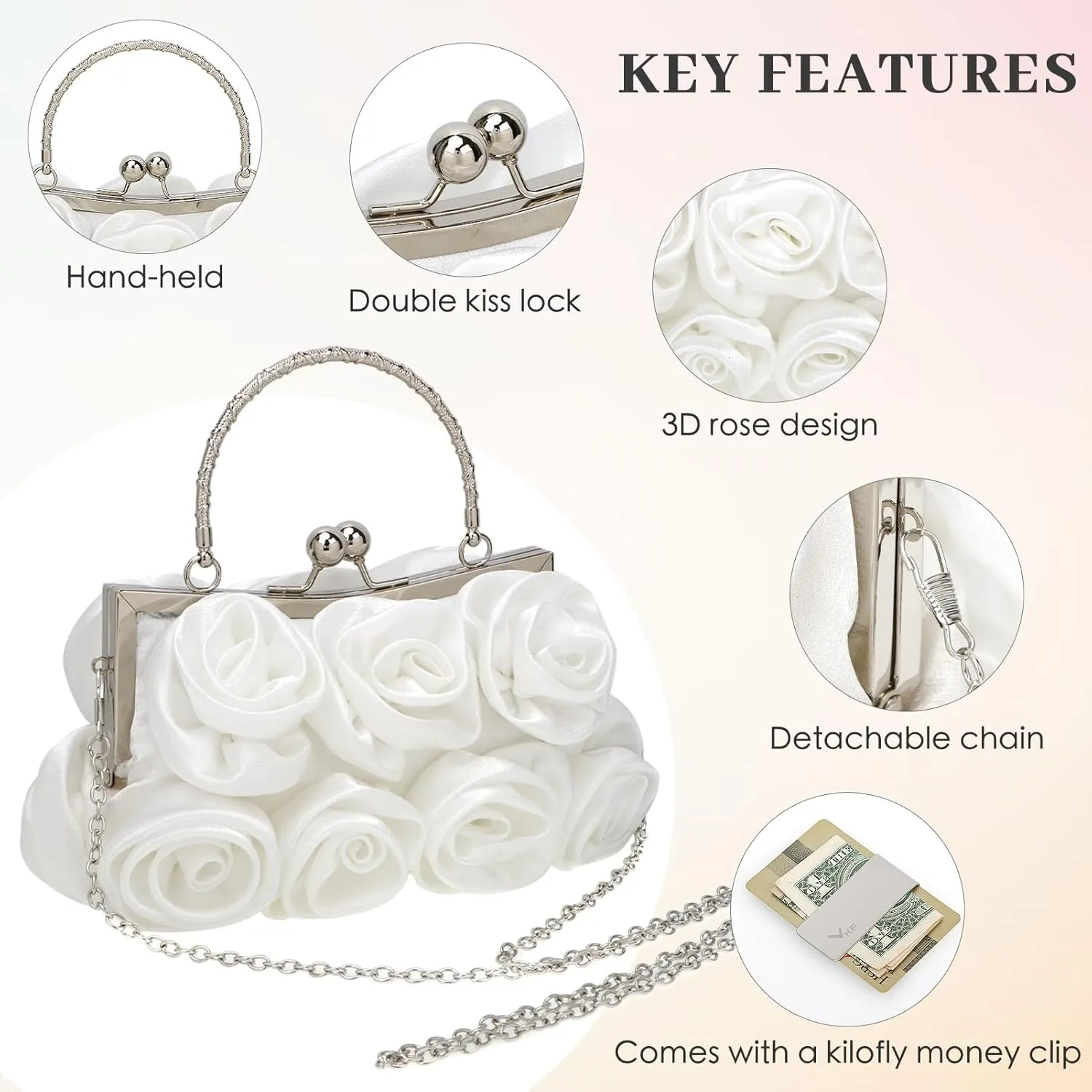 kilofly Missy K 7 Roses Clutch Purse, Satin, with Detachable Strap Money Clip