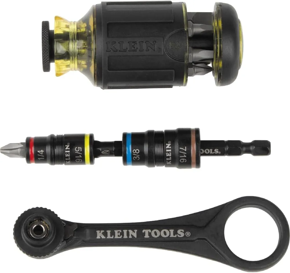 Klein Tools 85515HD 3-Piece Tool Set, Mini-Ratchet, 12-in-1 Impact Stubby Multi-Bit Driver and 5-in-1 SAE Impact Socket Set, Tools for Tight Spaces