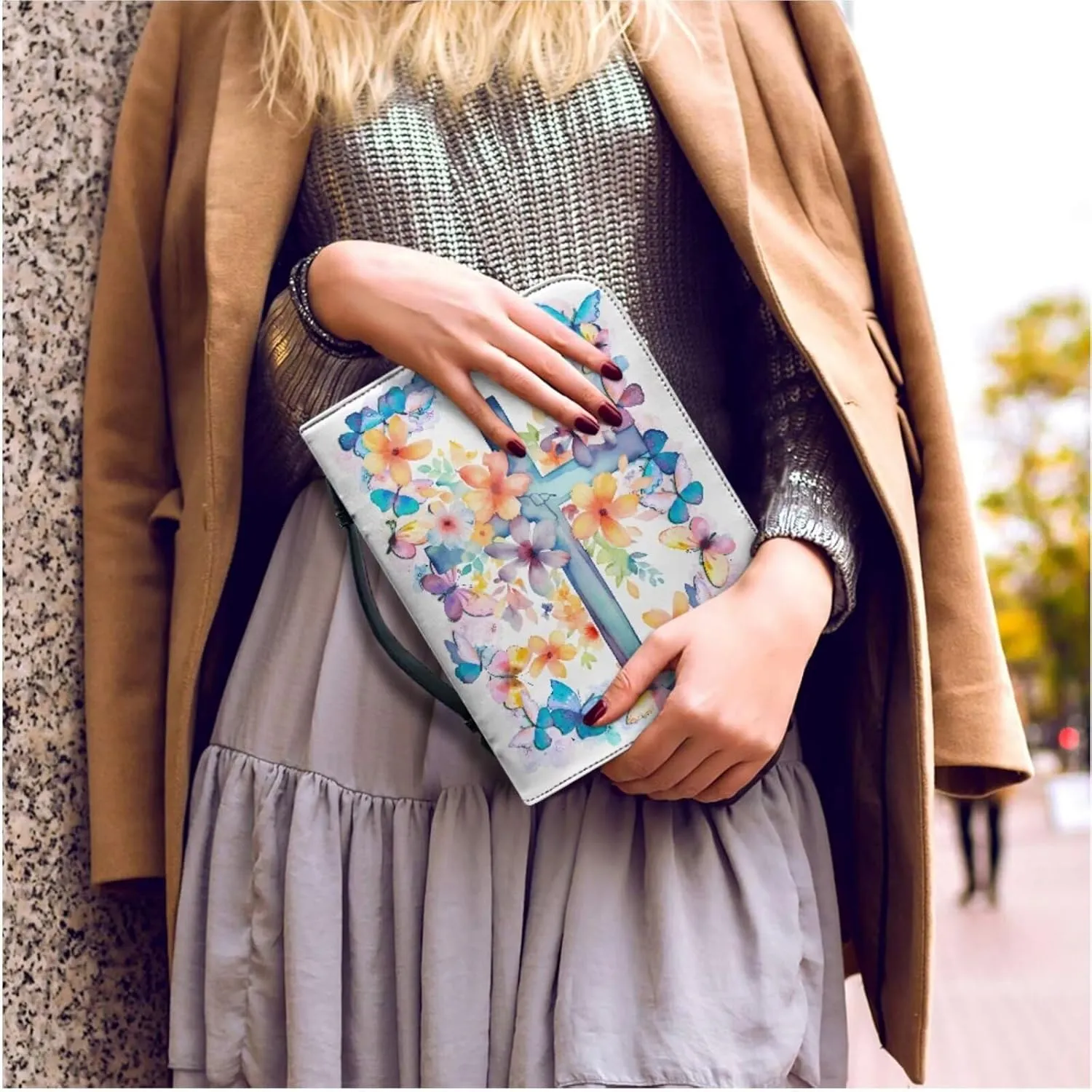 Kuiaobaty Leather Bible Covers Bible Case with Keychain Protective Carrying Bible Cover for Women Men Kids Teens Tote Bags for Storage Bible Books Tablet Pens Cell Phone Butterflies Floral Cross Print