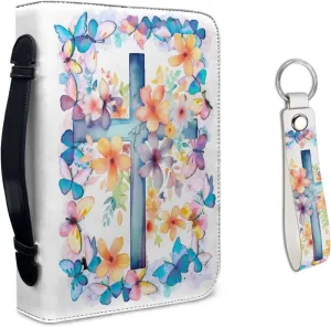 Kuiaobaty Leather Bible Covers Bible Case with Keychain Protective Carrying Bible Cover for Women Men Kids Teens Tote Bags for Storage Bible Books Tablet Pens Cell Phone Butterflies Floral Cross Print