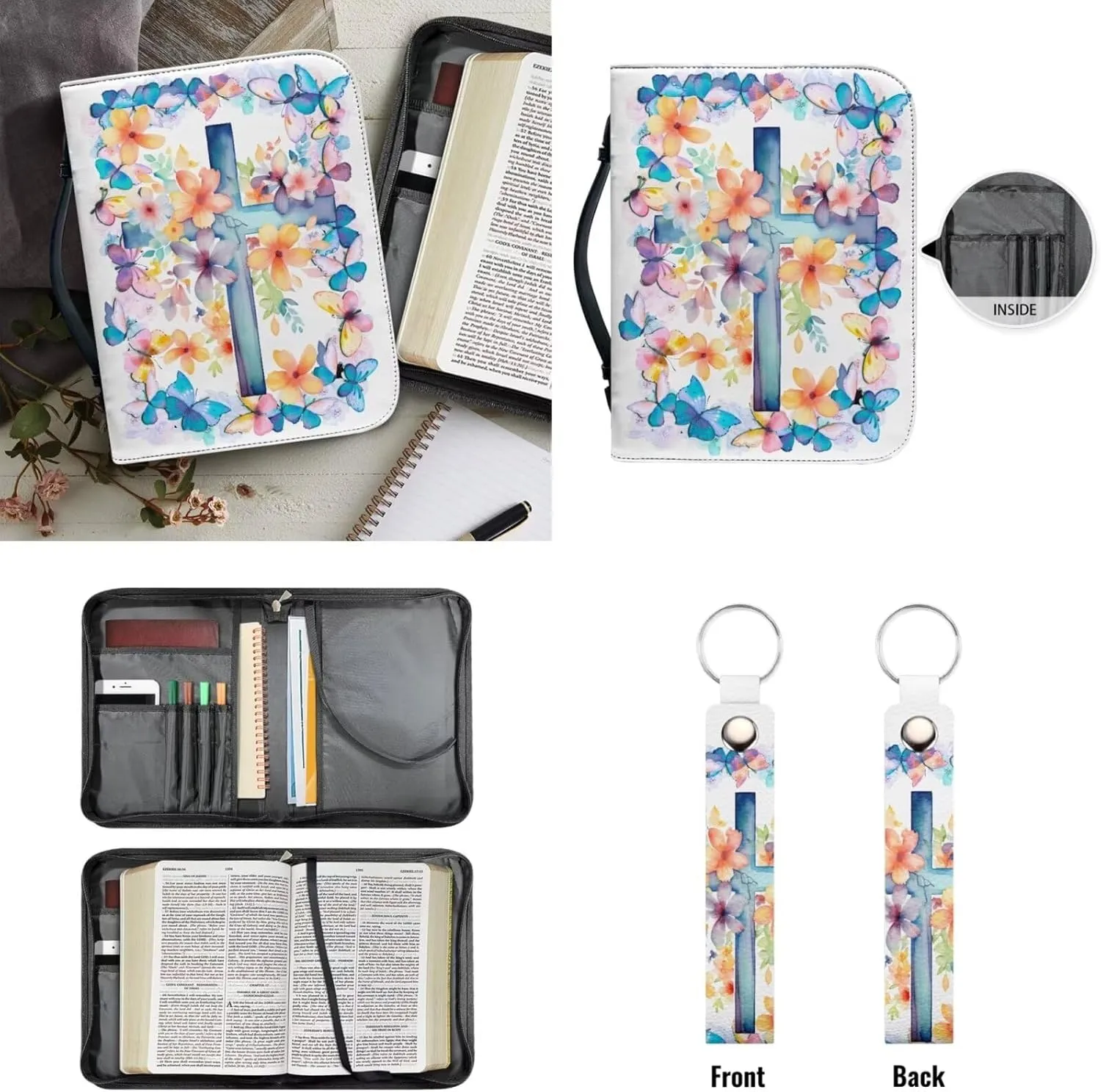 Kuiaobaty Leather Bible Covers Bible Case with Keychain Protective Carrying Bible Cover for Women Men Kids Teens Tote Bags for Storage Bible Books Tablet Pens Cell Phone Butterflies Floral Cross Print