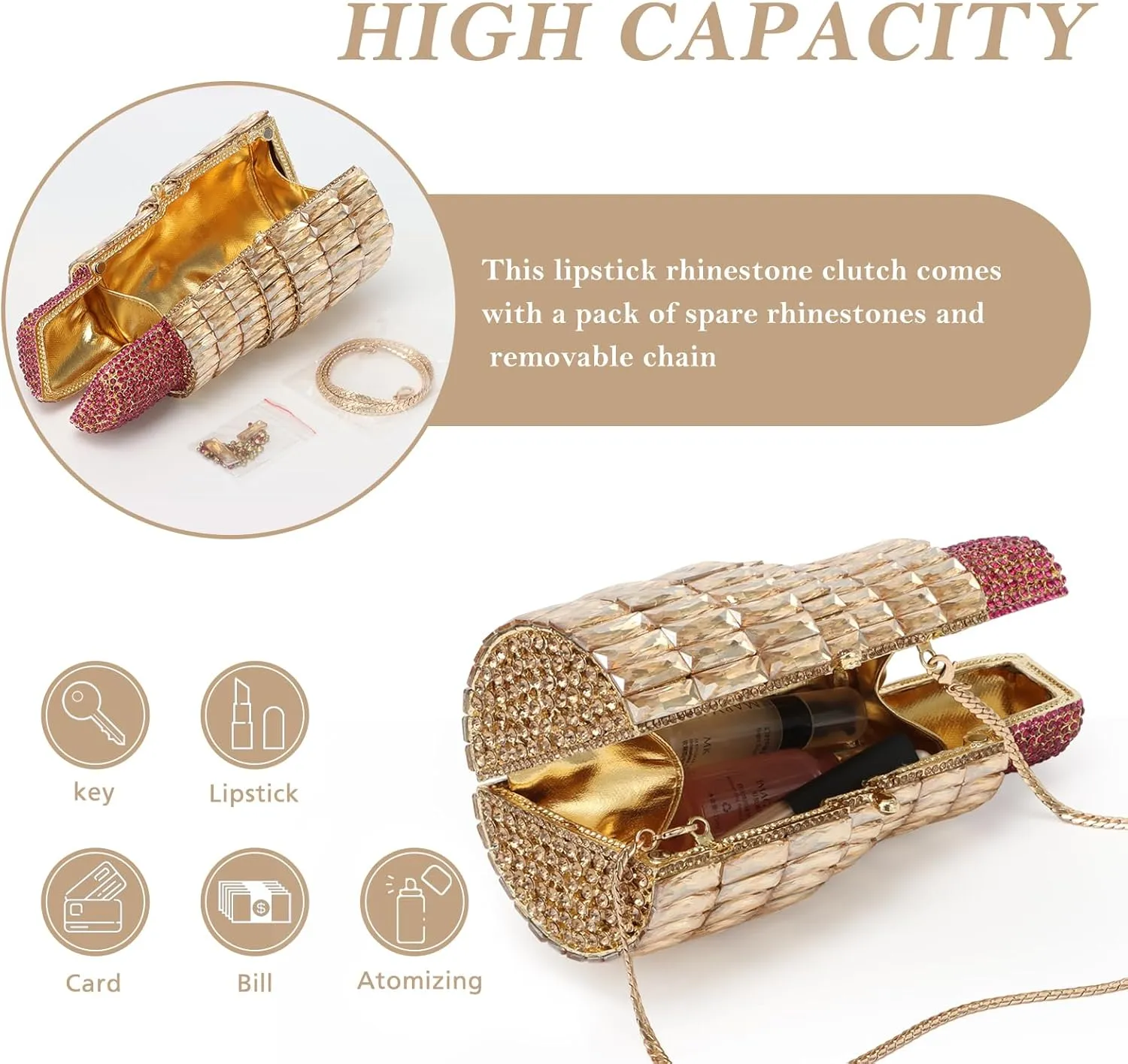 Lanpet Women Crystal Rhinestone Evening Bags Lipstick Shape Clutch Purses Vintage Wedding Party Banquet Handbag