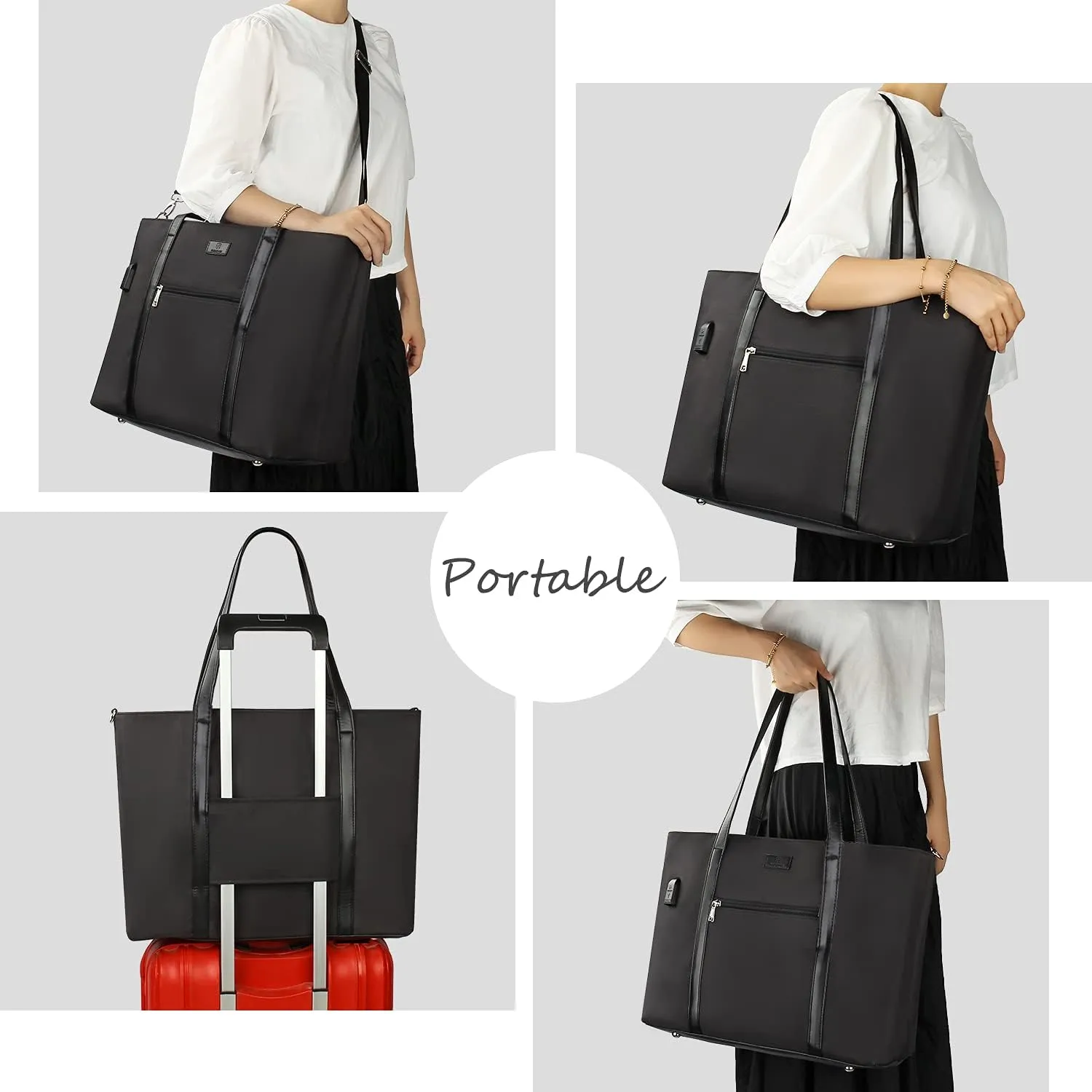 Laptop Tote Bag for Women 17 Inch, Large Teacher Tote Bag Office Work Bag Business Briefcase with Compartment and USB and Shoulder Straps Nylon Waterproof Computer Handbag Satchel