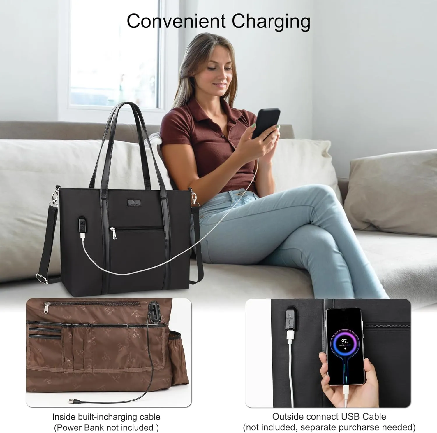 Laptop Tote Bag for Women 17 Inch, Large Teacher Tote Bag Office Work Bag Business Briefcase with Compartment and USB and Shoulder Straps Nylon Waterproof Computer Handbag Satchel