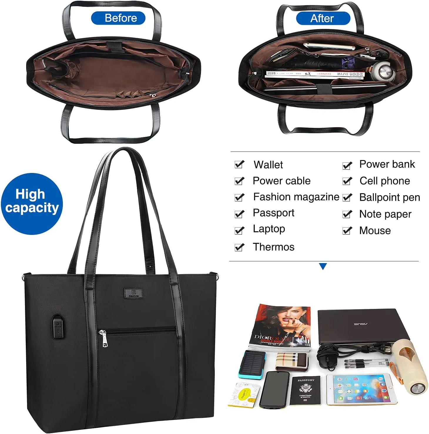 Laptop Tote Bag for Women 17 Inch, Large Teacher Tote Bag Office Work Bag Business Briefcase with Compartment and USB and Shoulder Straps Nylon Waterproof Computer Handbag Satchel