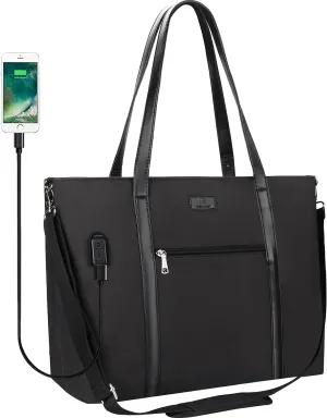 Laptop Tote Bag for Women 17 Inch, Large Teacher Tote Bag Office Work Bag Business Briefcase with Compartment and USB and Shoulder Straps Nylon Waterproof Computer Handbag Satchel