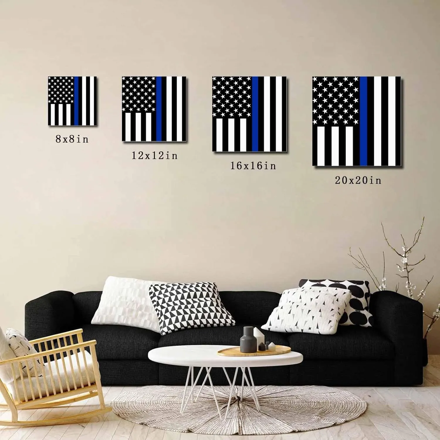 LDLYTZXK 4th of July Flag Stars Square Canvas Wall Art, Black Blue Stripes Canvas Painting for Office Living Room Bedroom Bathroom, Modern Giclee Artwork Prints Pictures as Home Decor, 24x24inch