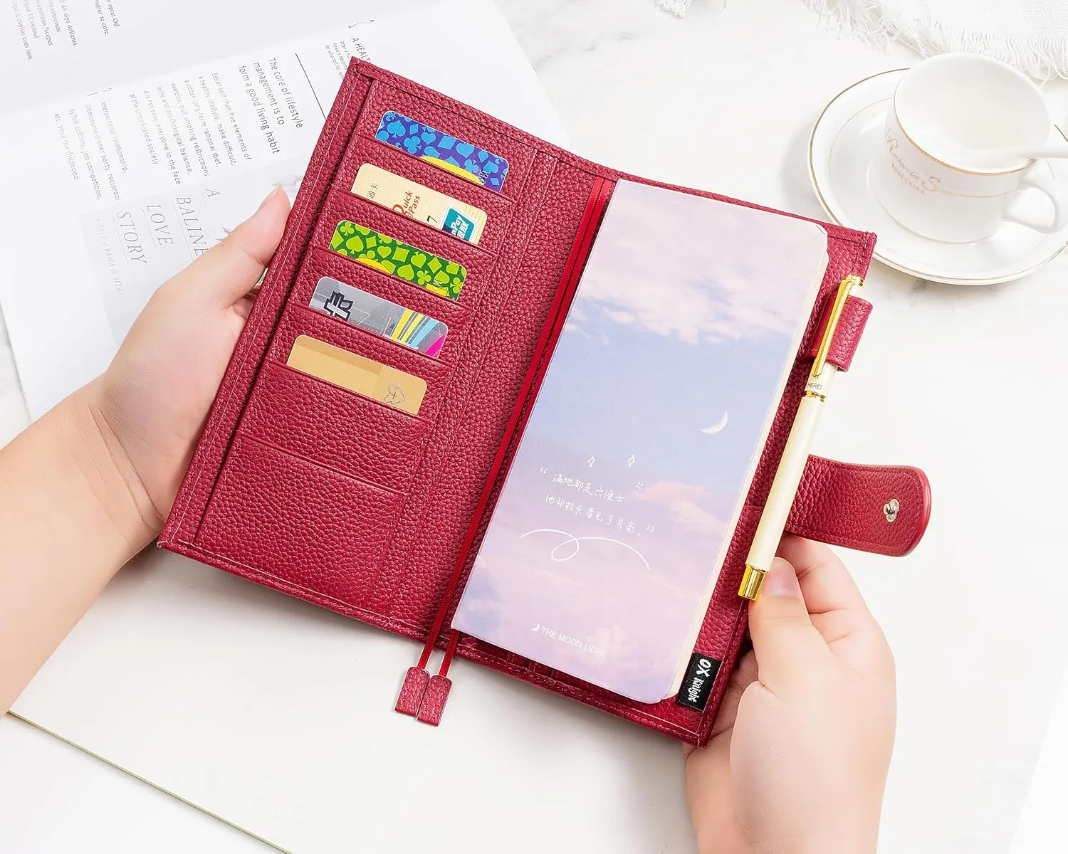 Leather Cover for Hobonichi Weeks/Weeks Mega - with Pen Loop, Card Slots, Back Pocket, and Bookmarks (Red)