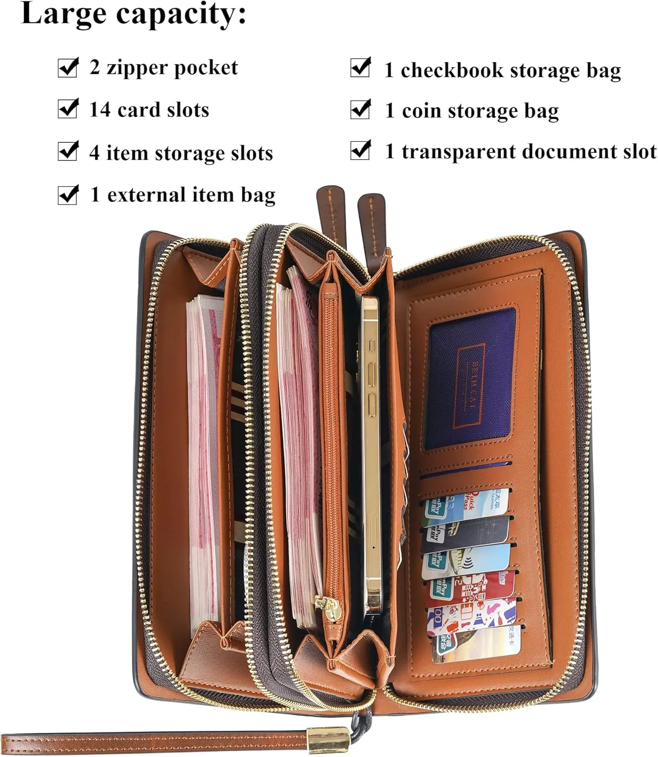 Leather Men Clutch Bag Long Wallet Purse Card Holder Case Business Large Clutch with Double Zip Handbag