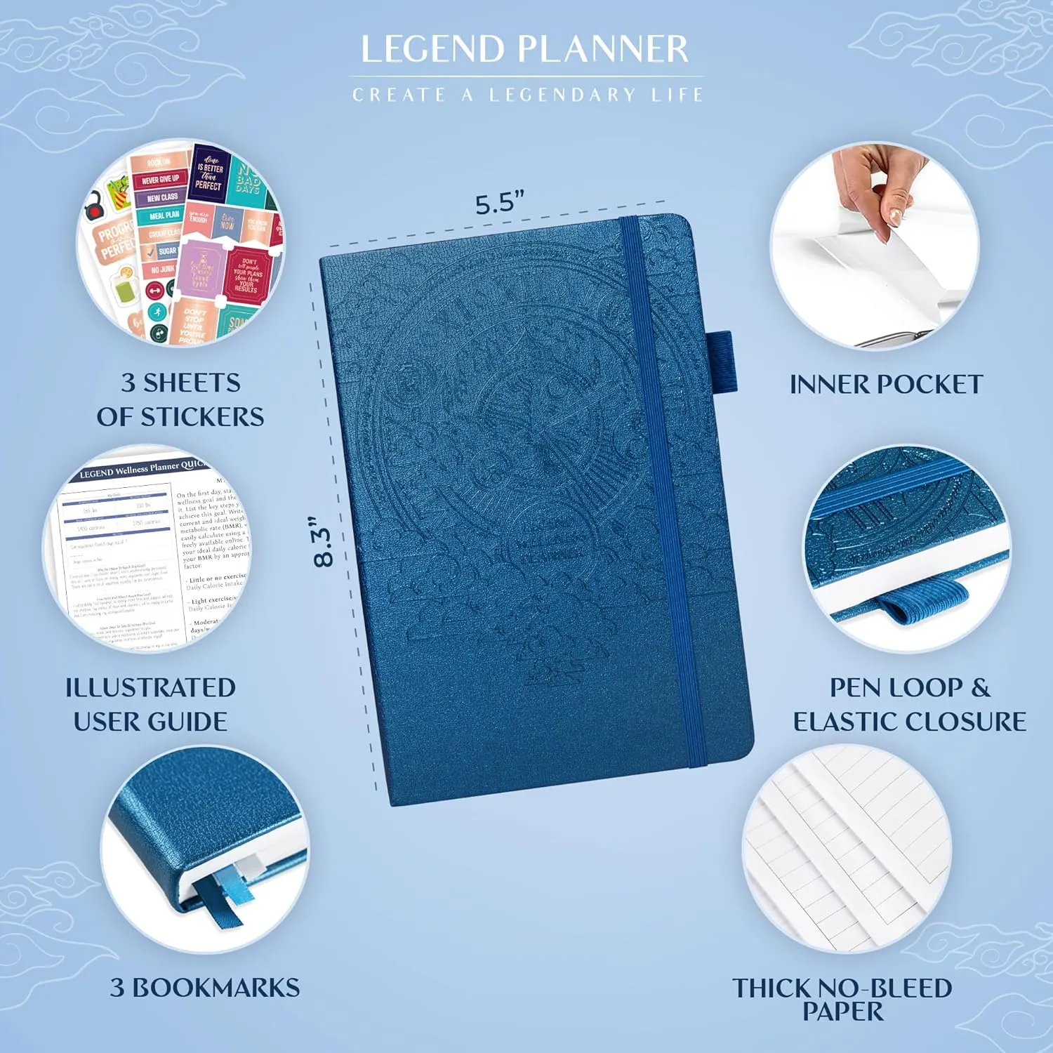 Legend Wellness Planner & Food Journal – Daily Diet & Health Journal with Weight Loss, Measurement & Exercise Trackers – Lifestyle & Nutrition Diary – Lasts 6 Months, A5 size – Mystic Blue