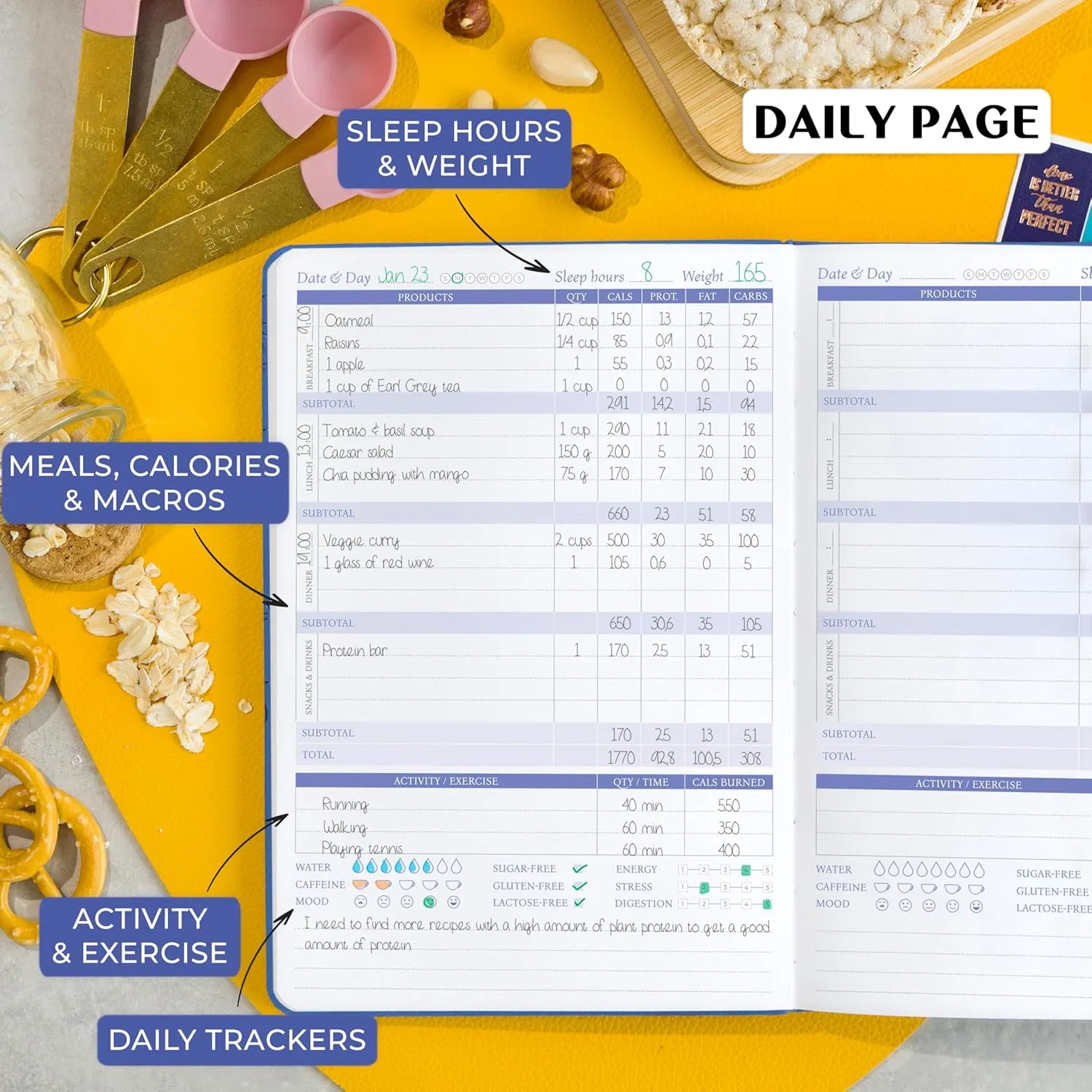 Legend Wellness Planner & Food Journal – Daily Diet & Health Journal with Weight Loss, Measurement & Exercise Trackers – Lifestyle & Nutrition Diary – Lasts 6 Months, A5 size – Mystic Blue