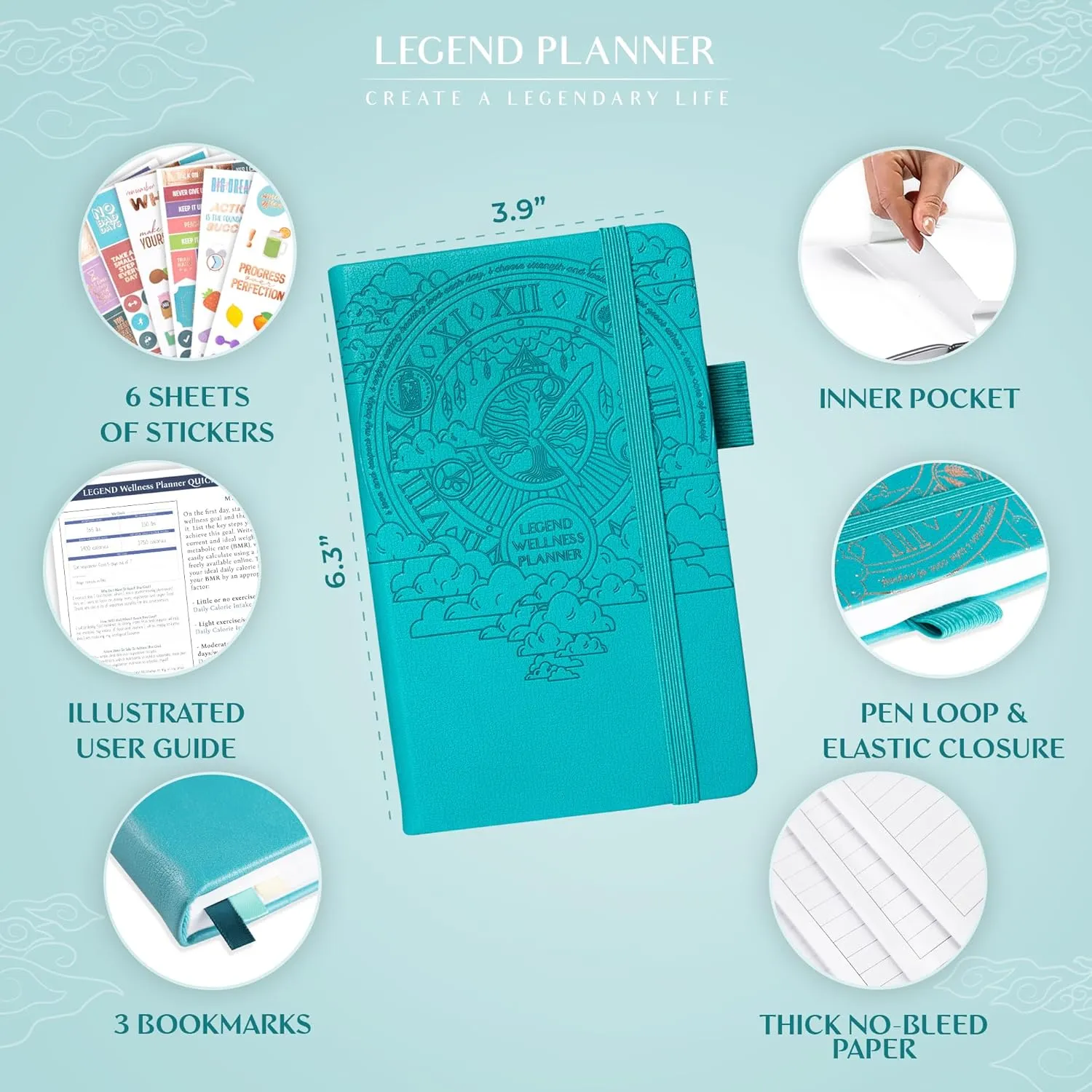 Legend Wellness Planner & Food Journal Pocket – Daily Diet & Health Journal with Weight Loss, Measurement & Exercise Trackers – Lifestyle & Nutrition Diary – Lasts 6 Months, 3.9x6.3″ – Turquoise