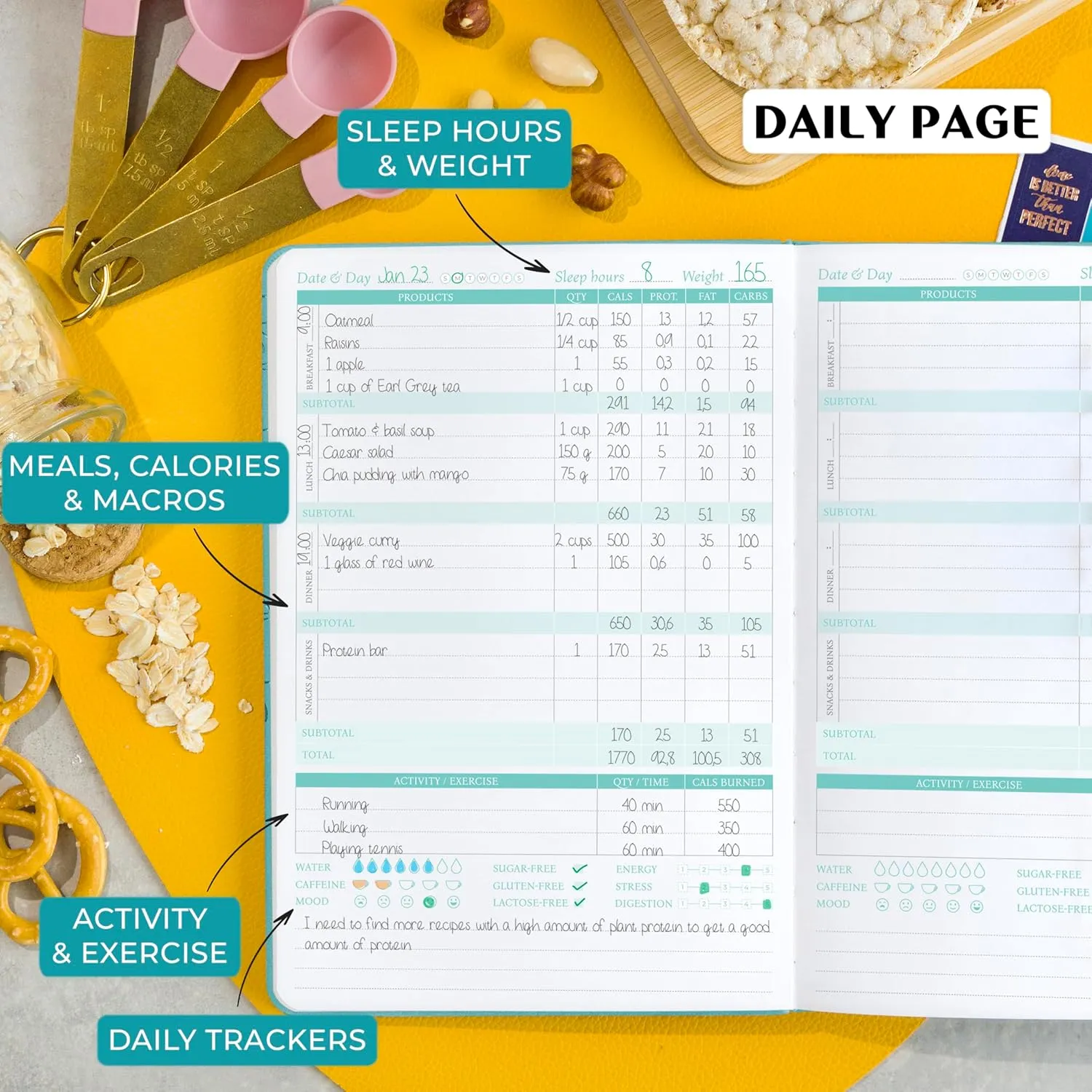 Legend Wellness Planner & Food Journal Pocket – Daily Diet & Health Journal with Weight Loss, Measurement & Exercise Trackers – Lifestyle & Nutrition Diary – Lasts 6 Months, 3.9x6.3″ – Turquoise