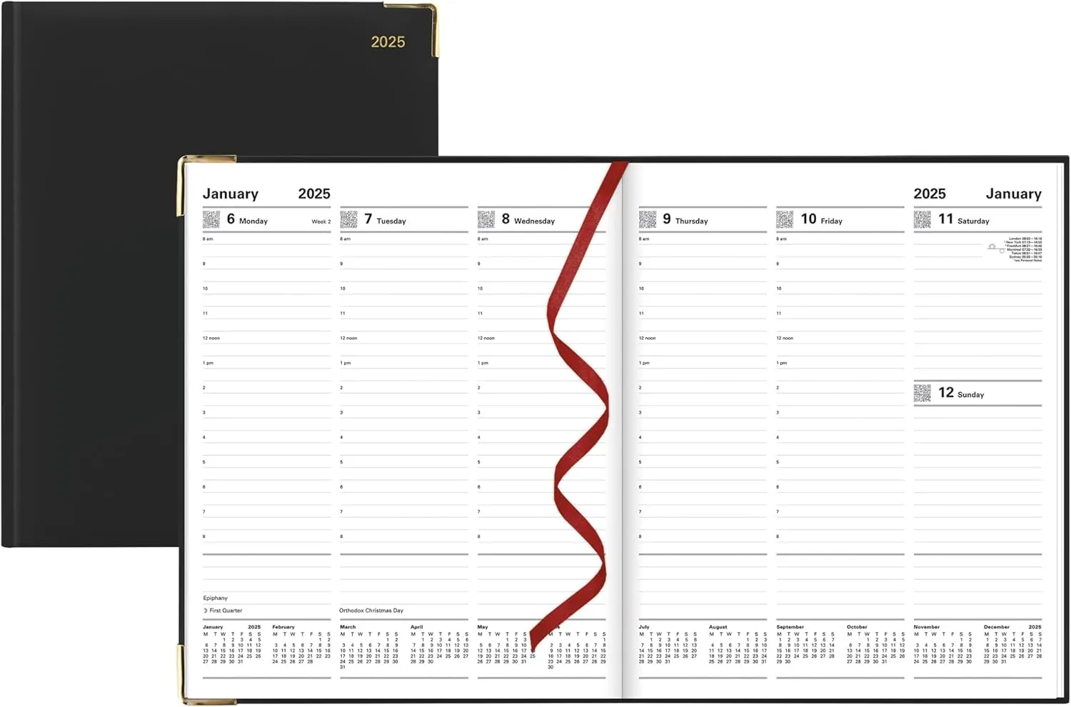 Letts of London Roma 2025 Weekly Planner, 12 Months, January to December, Italian Leather, Quarto Size, 10.25" x 8.25", English, Black (C33YIBK-25)