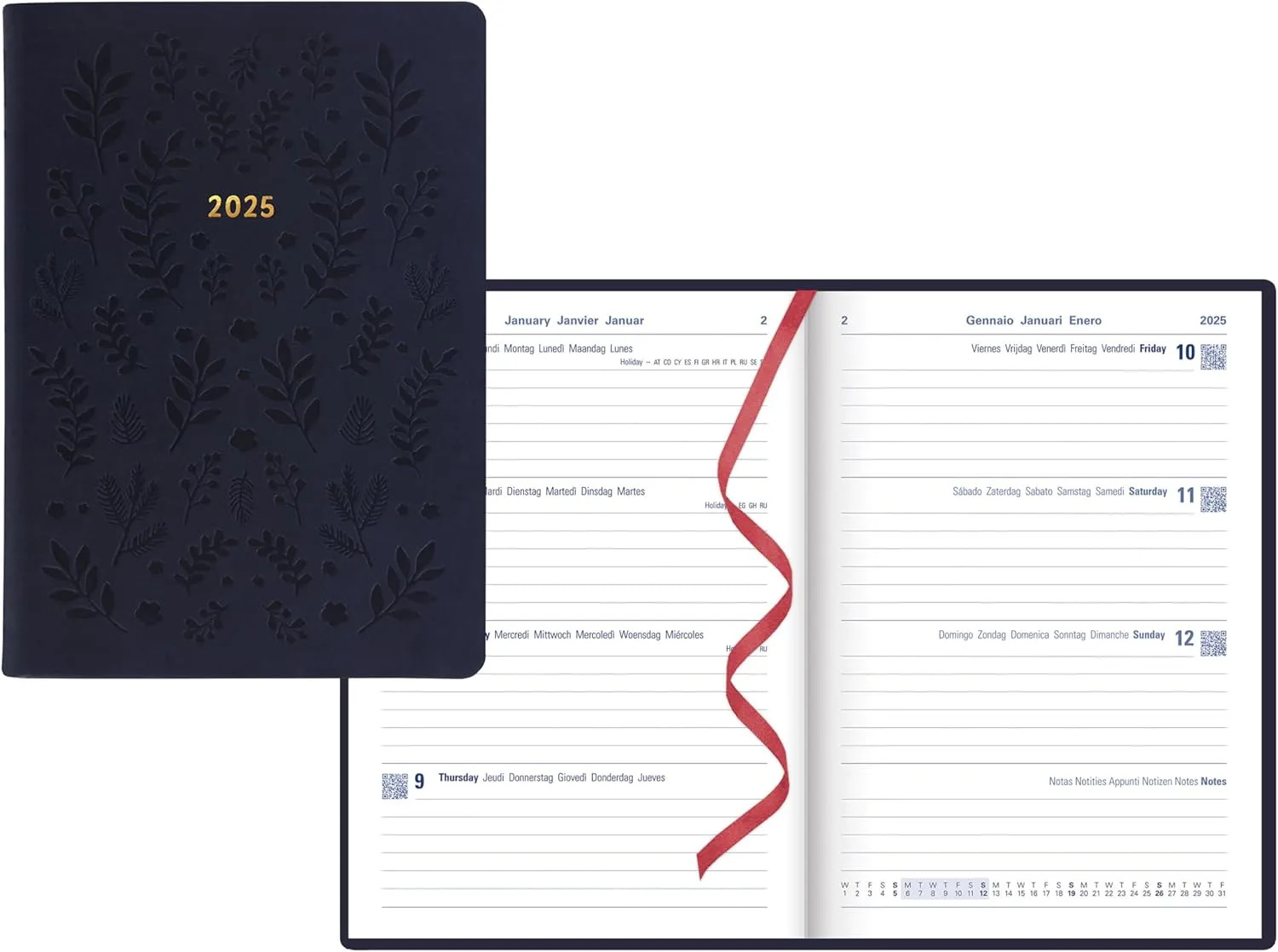 Letts of London Woodland 2025 Weekly Planner, 12 Months, January to December, Sewn Binding, A5 Size, 8.25" x 5.875", Multilingual, Navy (C082165-25)