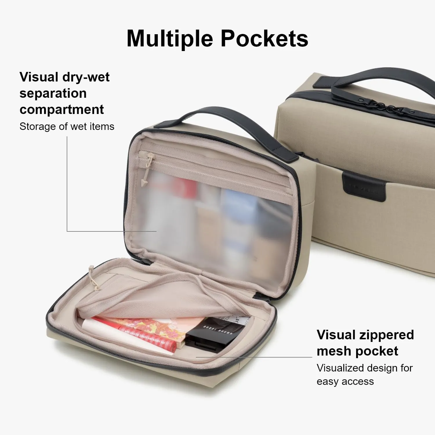 LEVEL8 Travel Toiletry Bag for Men Women, Water Repellent Shaving Bag for Toiletries Accessories, Storage Bags with Divider and Handle, Small/Khaki