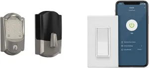 Leviton Decora Smart Wi-Fi Switch & Schlage Encode Smart WiFi Deadbolt, Satin Nickel Camelot