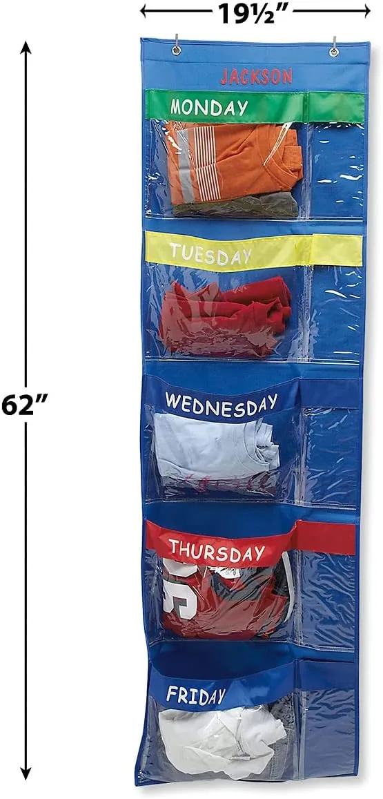 Lillian Vernon Primary Colors Days Of The Week Hanging Clothing Organizer–Personalize With Name, Weekly Monday-Friday Over Door Weekday Kids Clothes Storage System, Sturdy Primary Poly, 19-1/2" x 62"