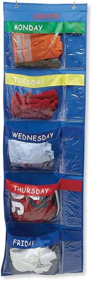 Lillian Vernon Primary Colors Days Of The Week Hanging Clothing Organizer–Personalize With Name, Weekly Monday-Friday Over Door Weekday Kids Clothes Storage System, Sturdy Primary Poly, 19-1/2" x 62"