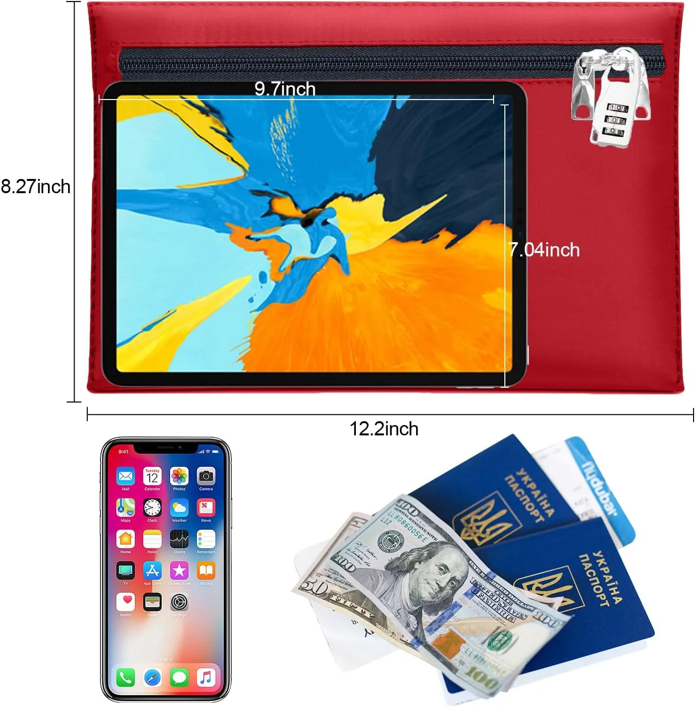 Lockable Bank Bag Large 12.2x8.2 Inches With Lock, Dual Zipper Safe Money Bag for Deposit, Cash (1, Red, Medium)