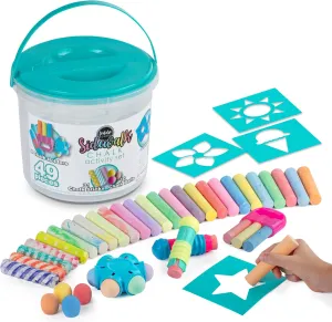 Loddie Doddie 49pc Sidewalk Chalk Bucket – Outdoor Activity Play Set for Kids, 31 Assorted Chalk Sticks, 4 Holders, 10 Ball Refills, 4 Stencils, Washable, Reusable Bucket