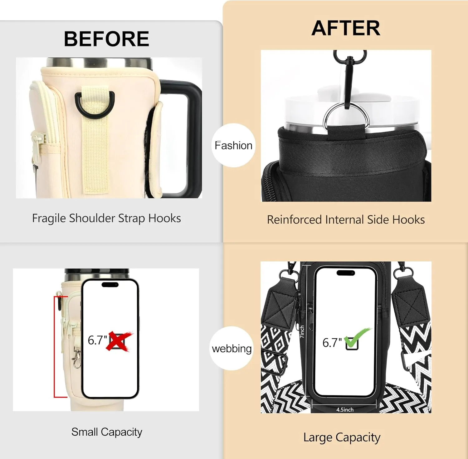 LOKASS Water Bottle Holder with Strap for Stanley Cup 30 oz Tumbler with Handle, Personalized Initial Gift, Water Bottle Carrier Bag with Phone Pocket & Carabiner for Stanley Cup Accessories