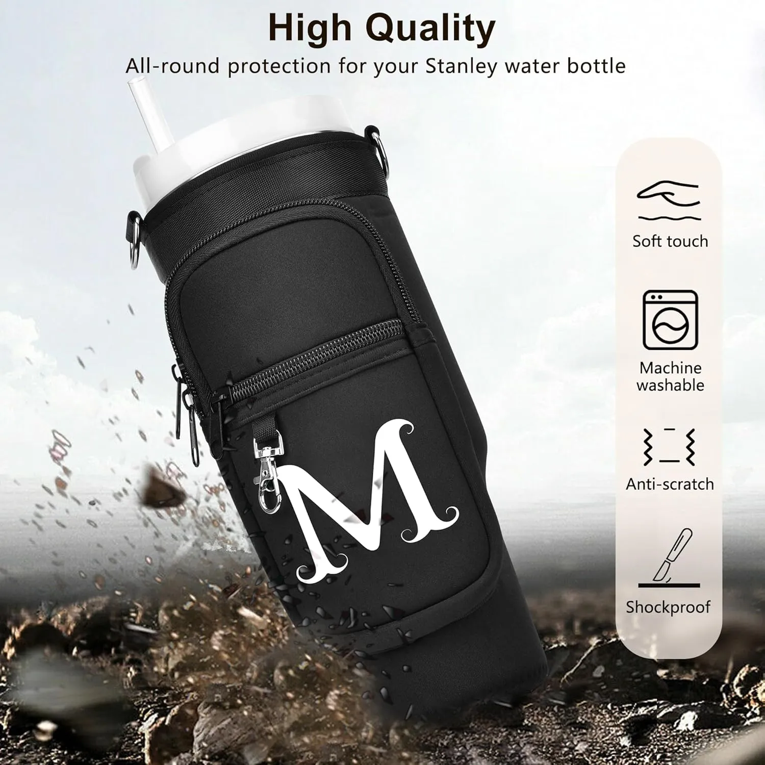 LOKASS Water Bottle Holder with Strap for Stanley Cup 30 oz Tumbler with Handle, Personalized Initial Gift, Water Bottle Carrier Bag with Phone Pocket & Carabiner for Stanley Cup Accessories
