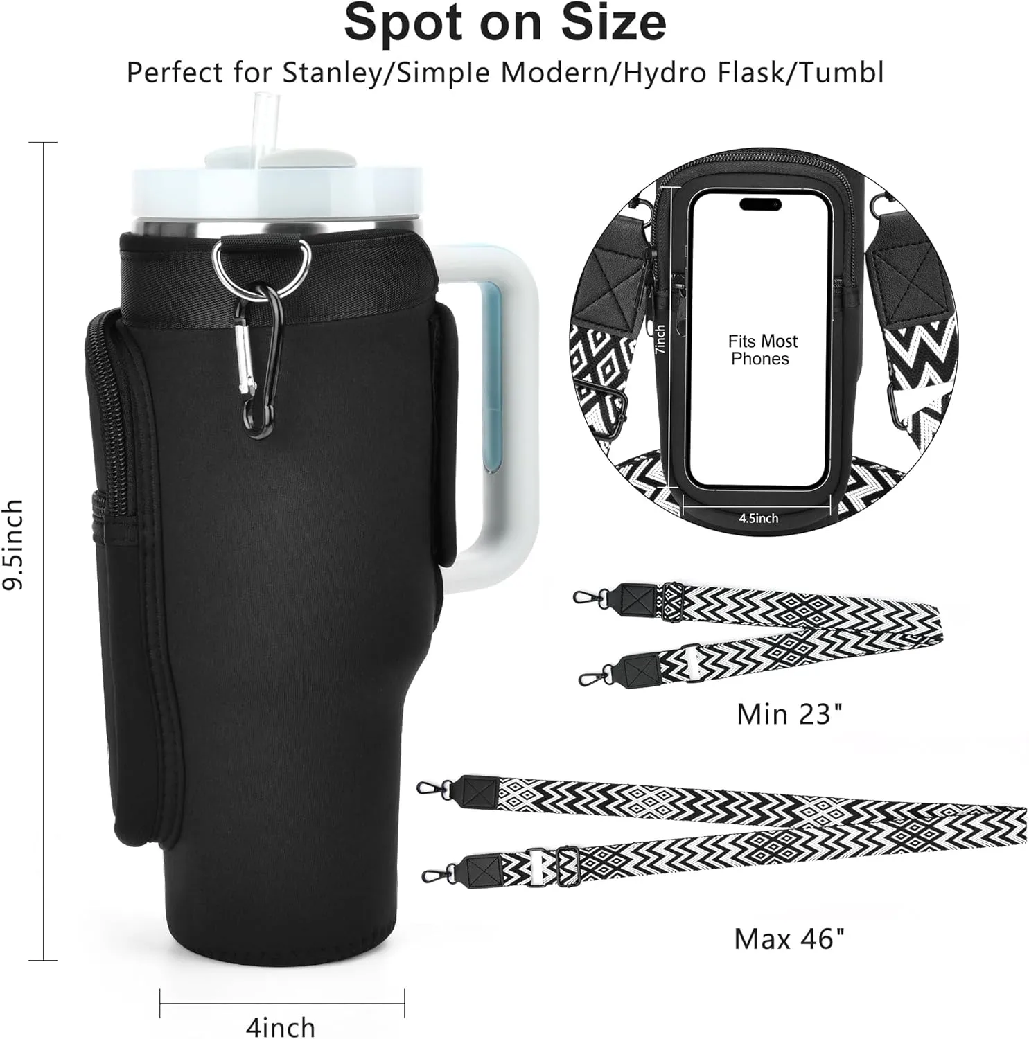 LOKASS Water Bottle Holder with Strap for Stanley Cup 30 oz Tumbler with Handle, Personalized Initial Gift, Water Bottle Carrier Bag with Phone Pocket & Carabiner for Stanley Cup Accessories