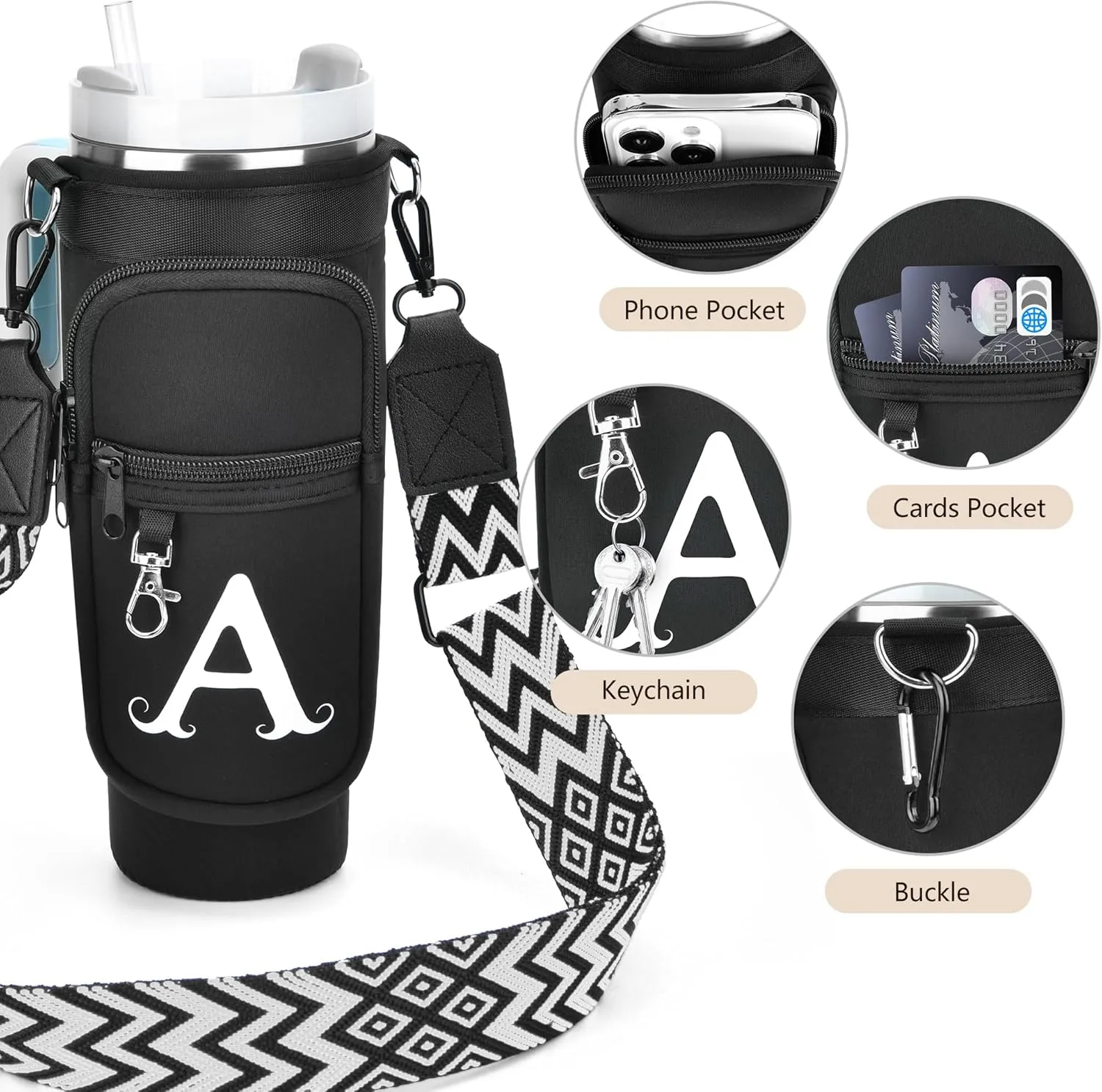 LOKASS Water Bottle Holder with Strap for Stanley Cup 30 oz Tumbler with Handle, Personalized Initial Gift, Water Bottle Carrier Bag with Phone Pocket & Carabiner for Stanley Cup Accessories