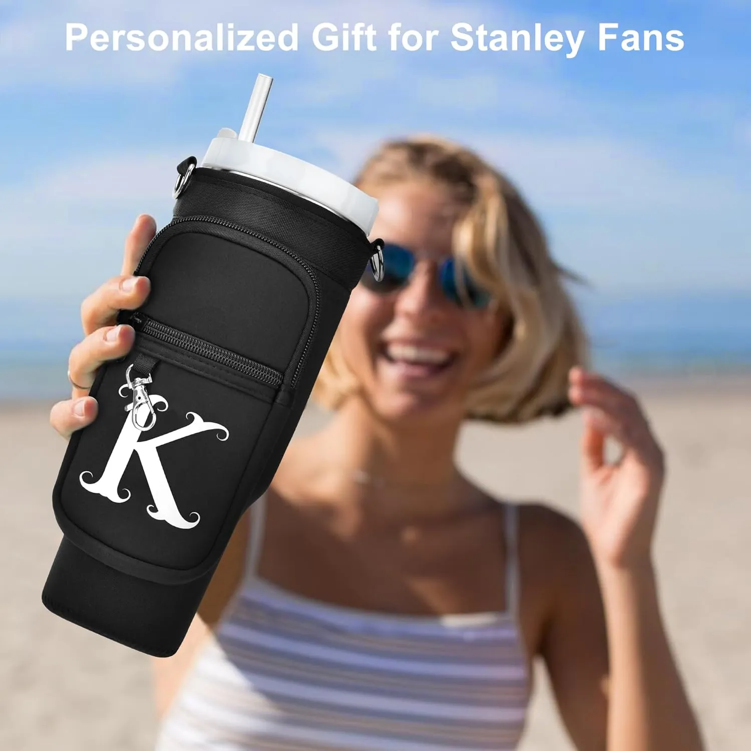 LOKASS Water Bottle Holder with Strap for Stanley Cup 30 oz Tumbler with Handle, Personalized Initial Gift, Water Bottle Carrier Bag with Phone Pocket & Carabiner for Stanley Cup Accessories