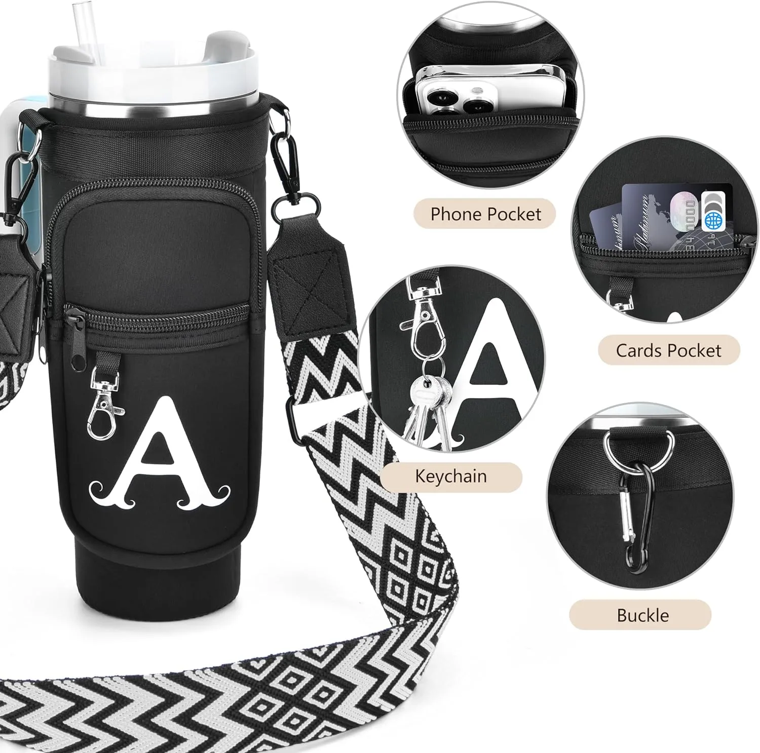 LOKASS Water Bottle Holder with Strap for Stanley Cup 40 oz Tumbler with Handle, Personalized Initial, Water Bottle Carrier Bag with Phone Pocket for Stanley Cup Accessories