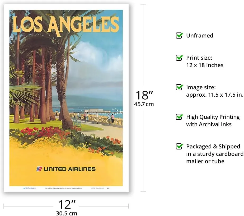 Los Angeles California - Santa Monica State Beach - United Air Lines - Vintage Airline Travel Poster by Tom Hoyne c.1970s - Master Art Print (Unframed) 12in x 18in