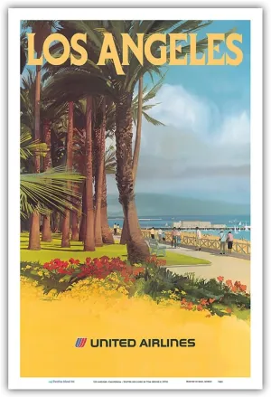 Los Angeles California - Santa Monica State Beach - United Air Lines - Vintage Airline Travel Poster by Tom Hoyne c.1970s - Master Art Print (Unframed) 12in x 18in