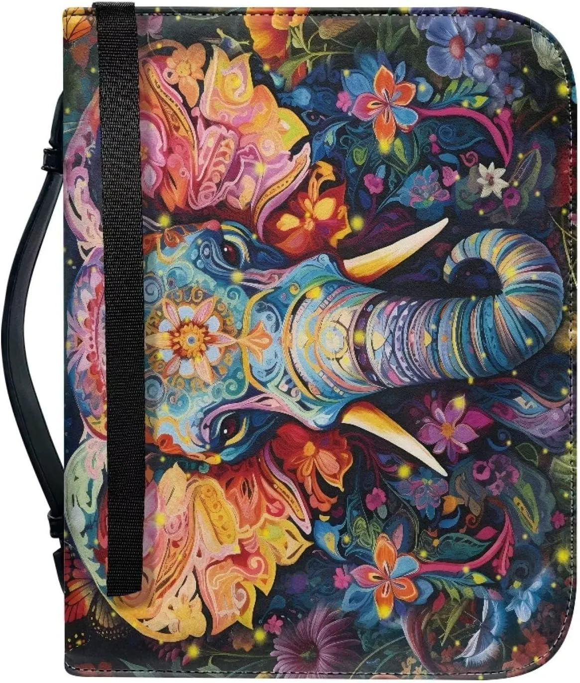 Lotusorchid Boho Elephant Bible Covers for Women Men PU Leather Bible Case, Portable Bible Bag Tote Book Carrying Case Christian Bible Accessories with Handle Pocket, Blue and Orange, M