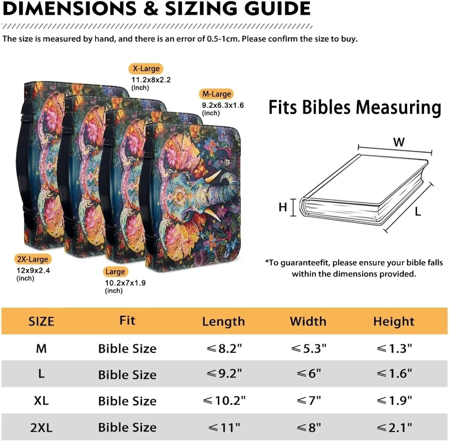 Lotusorchid Boho Elephant Bible Covers for Women Men PU Leather Bible Case, Portable Bible Bag Tote Book Carrying Case Christian Bible Accessories with Handle Pocket, Blue and Orange, M
