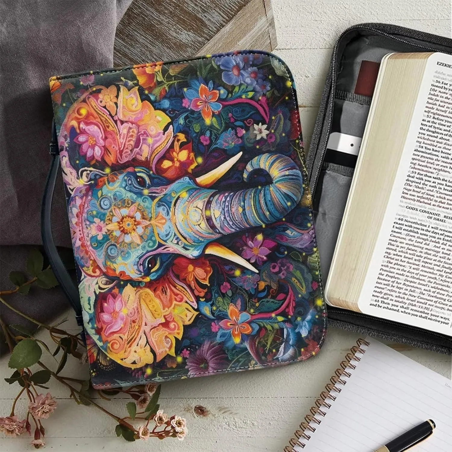 Lotusorchid Boho Elephant Bible Covers for Women Men PU Leather Bible Case, Portable Bible Bag Tote Book Carrying Case Christian Bible Accessories with Handle Pocket, Blue and Orange, M