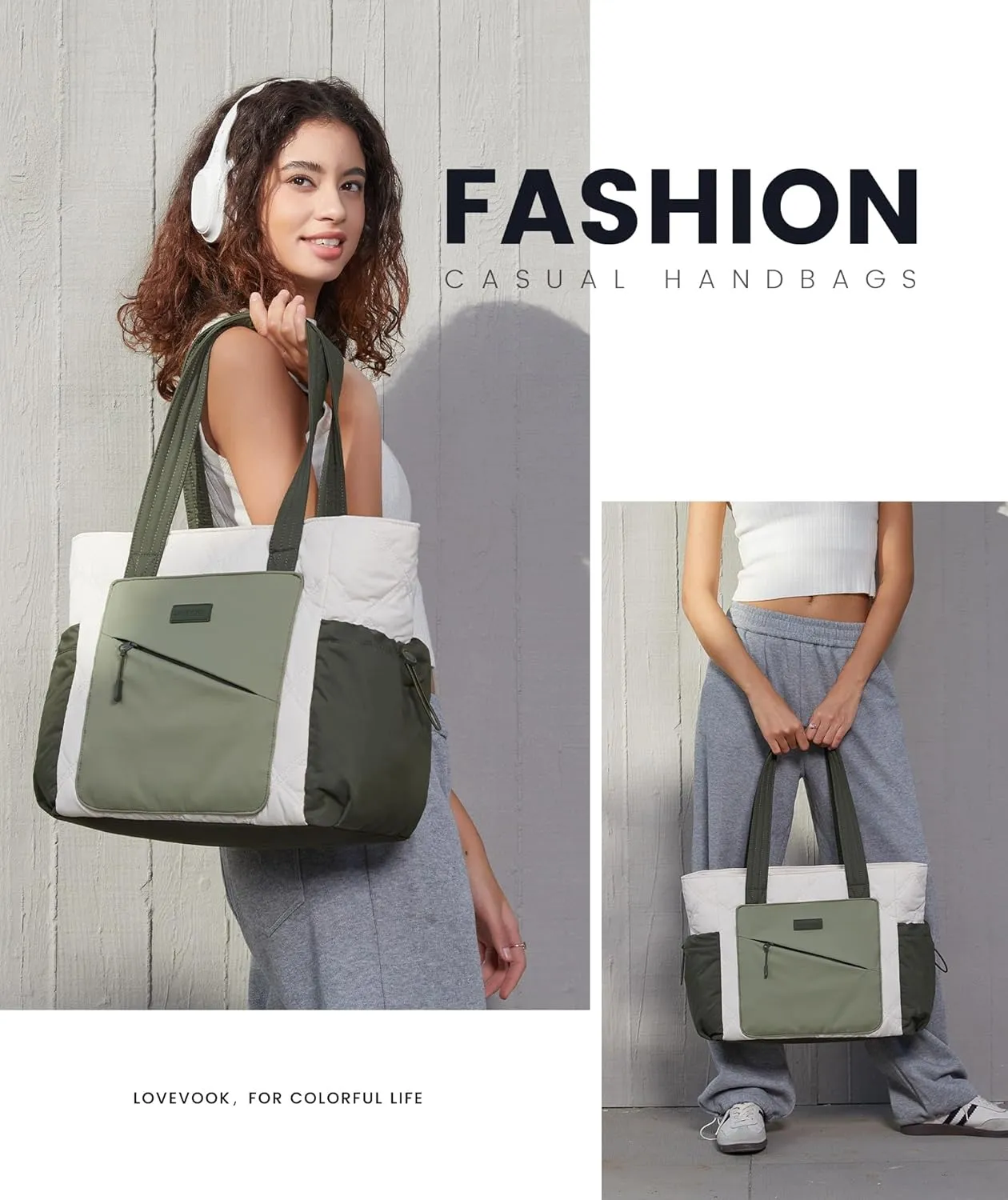 LOVEVOOK Tote Bag for Women, Puffer Bag and Work Bags with Zipper for Travel, Daily, School, Quilted Nurse Shoulder, 2pcs