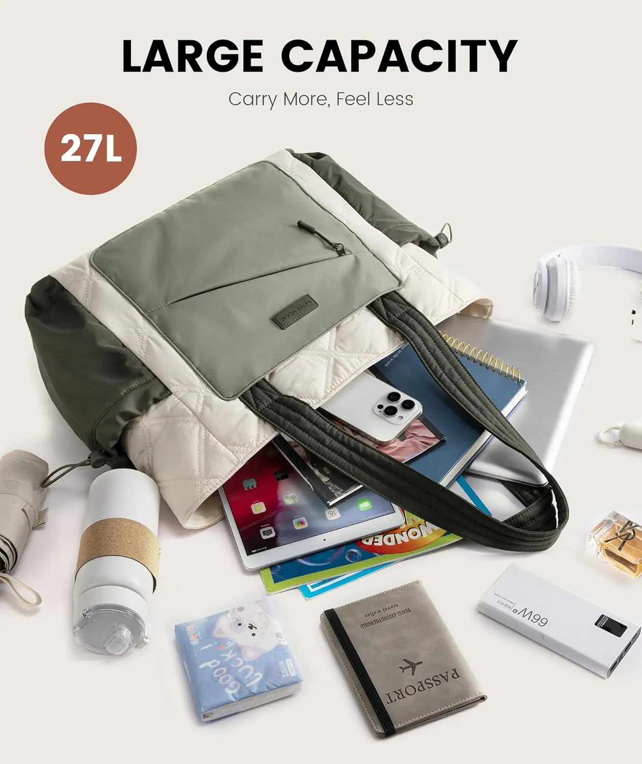 LOVEVOOK Tote Bag for Women, Puffer Bag and Work Bags with Zipper for Travel, Daily, School, Quilted Nurse Shoulder, 2pcs