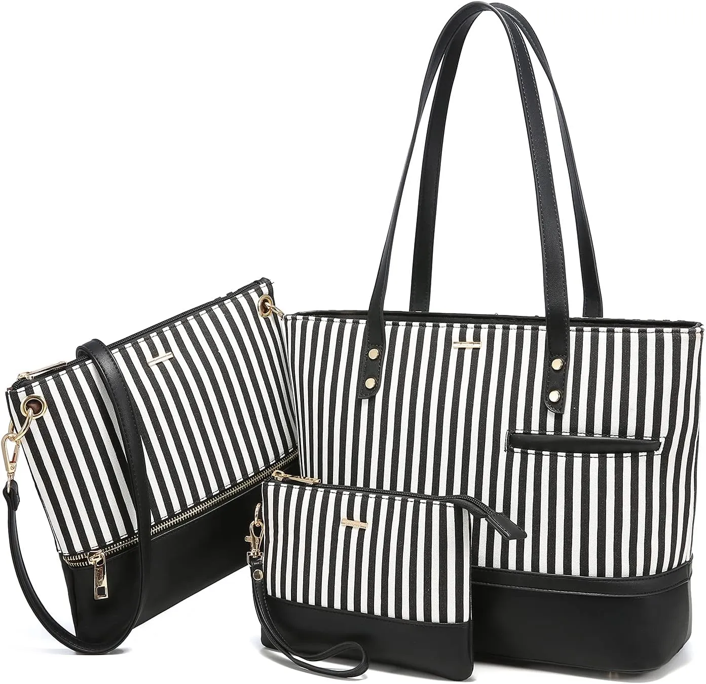 LOVEVOOK Womens Purses Satchel Handbags Shoulder Hobo Tote Bag Top Handle Crossbody 3pcs Purse Set Stripes Style,Black