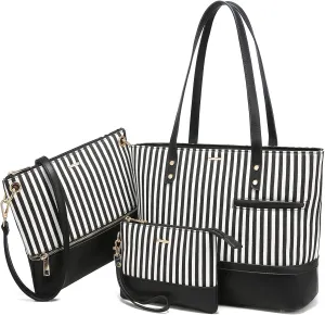LOVEVOOK Womens Purses Satchel Handbags Shoulder Hobo Tote Bag Top Handle Crossbody 3pcs Purse Set Stripes Style,Black