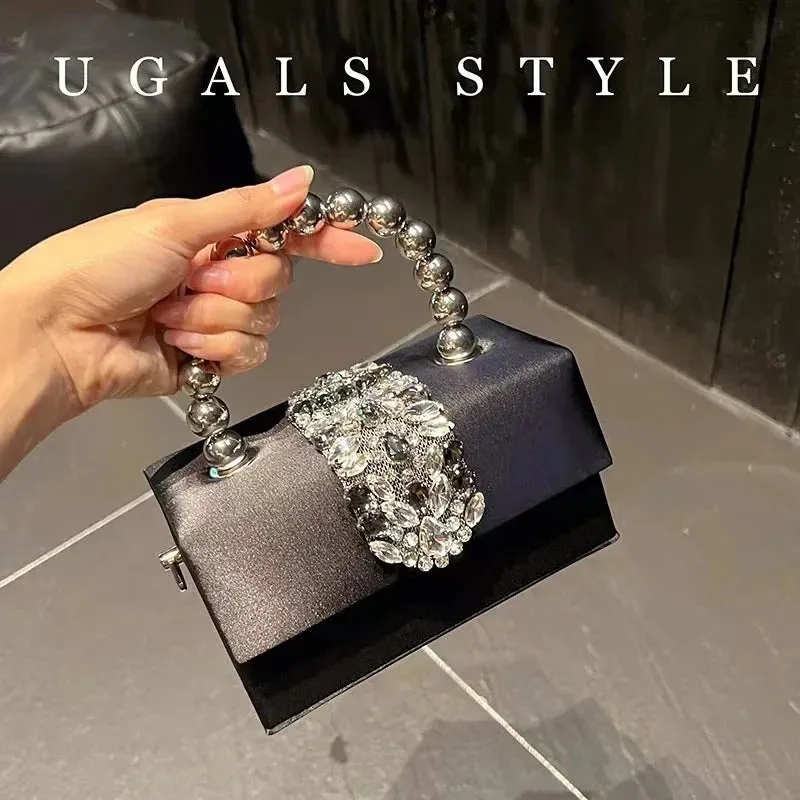 Luxury Satin Square Box Women Handbag Crystal Shiny Rhinestones Diamond Evening Bag Wedding Party Clutch Purse Crossbody Bag